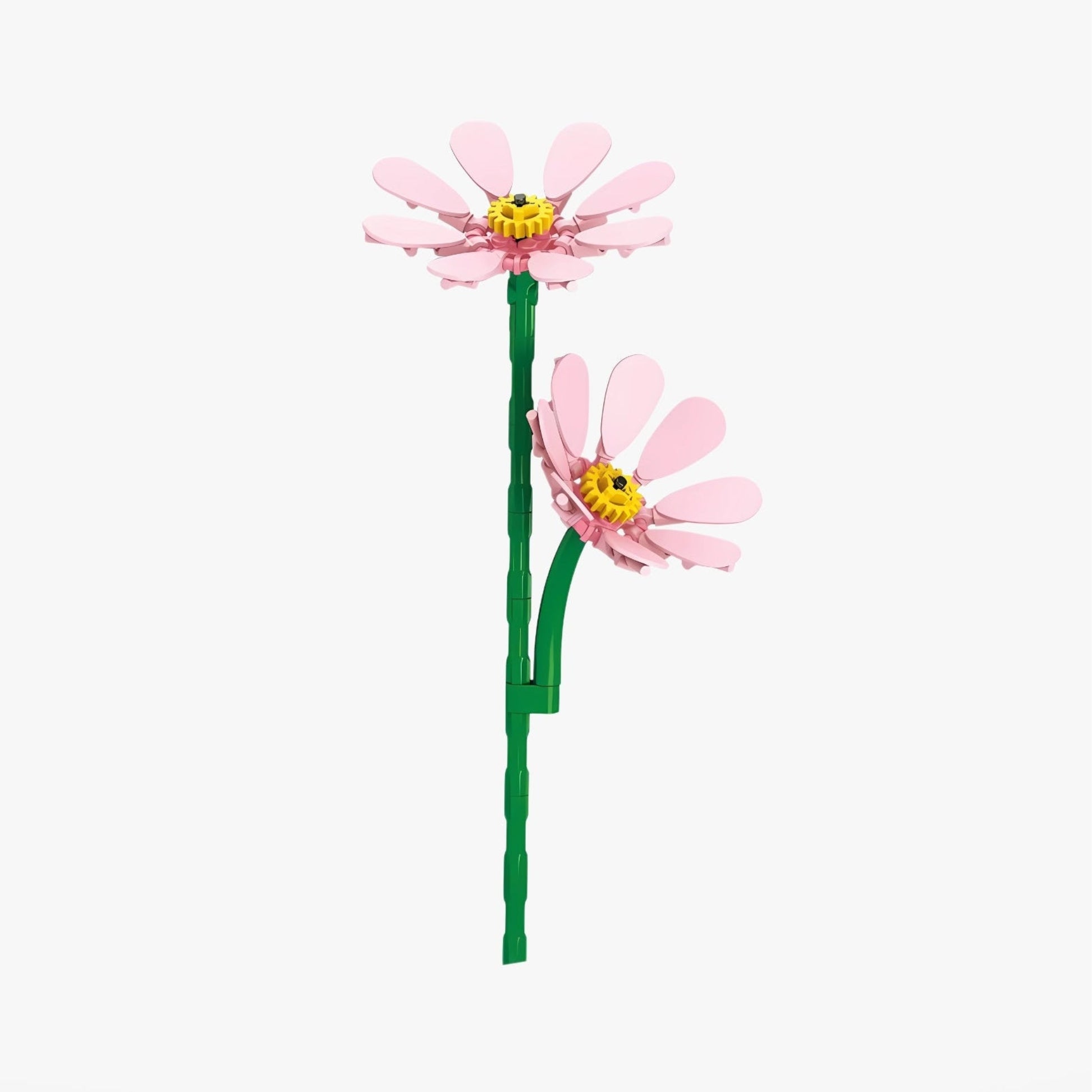 Toy flower with pink petals and green stem on a white background