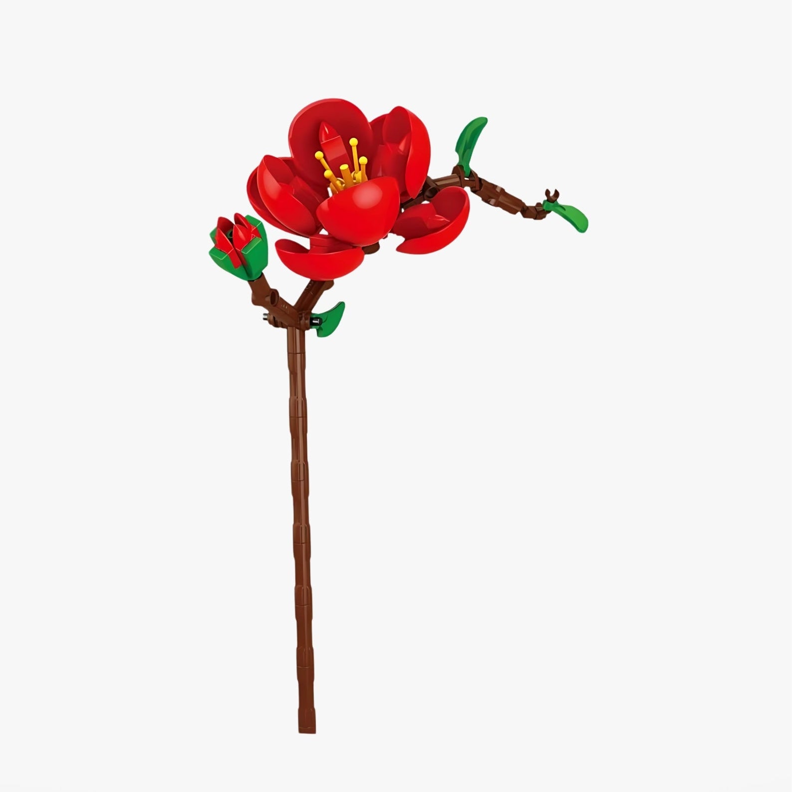 Red flower on a branch with green leaves against a white background